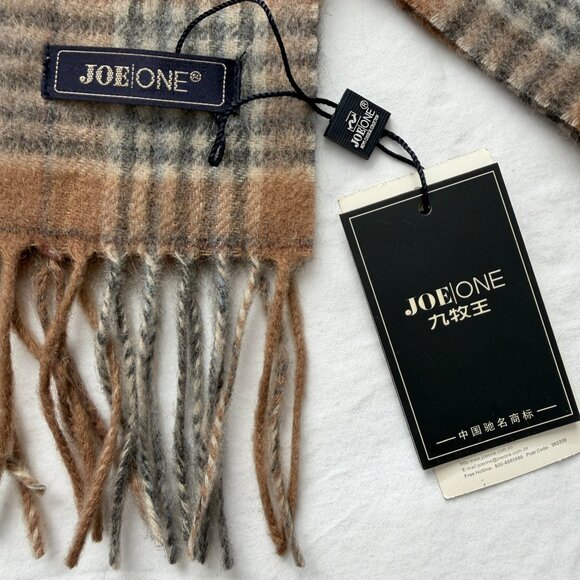 NWT JOE ONE 100% Cashmere Tan Gray Plaid Scarf - Picture 4 of 7